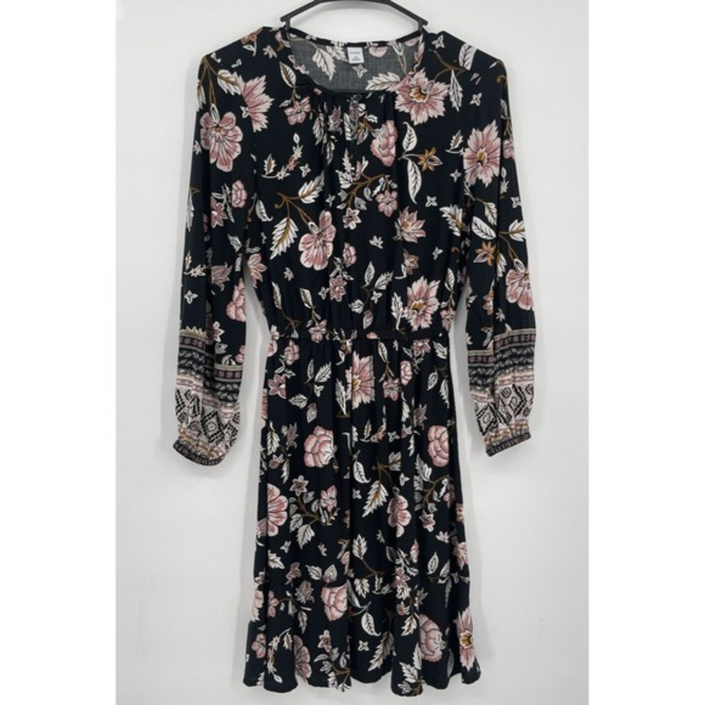 Old Navy XS Floral Long‎ Sleeve Dress Womens Black Pink Keyhole Boho Viscose